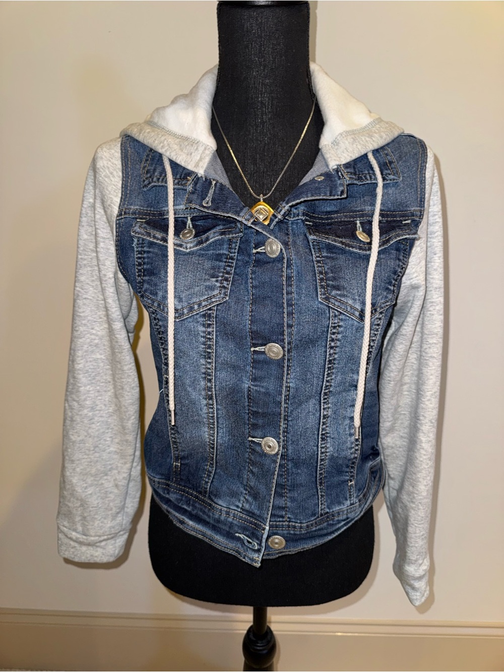 Wallflower Blue Denim Jacket with Gray Hoodie Sleeves